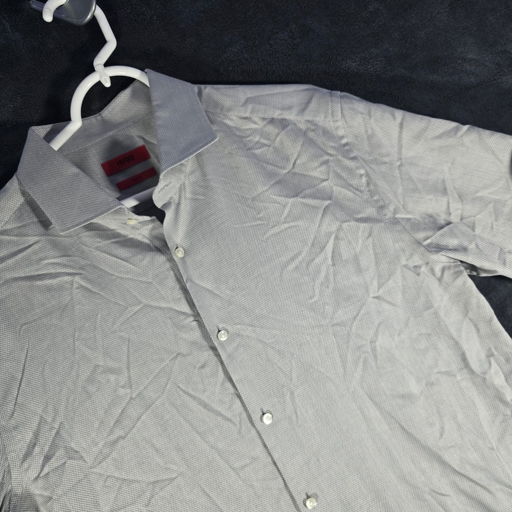 HUGO Slim Fit Dress Shirt Micro-Check‎ Pattern Long Sleeve Gray 17.5 44